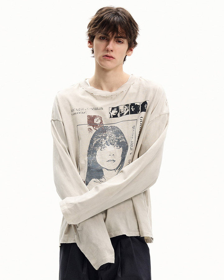 Vintage pranje grafičke majice s dugim rukavima 