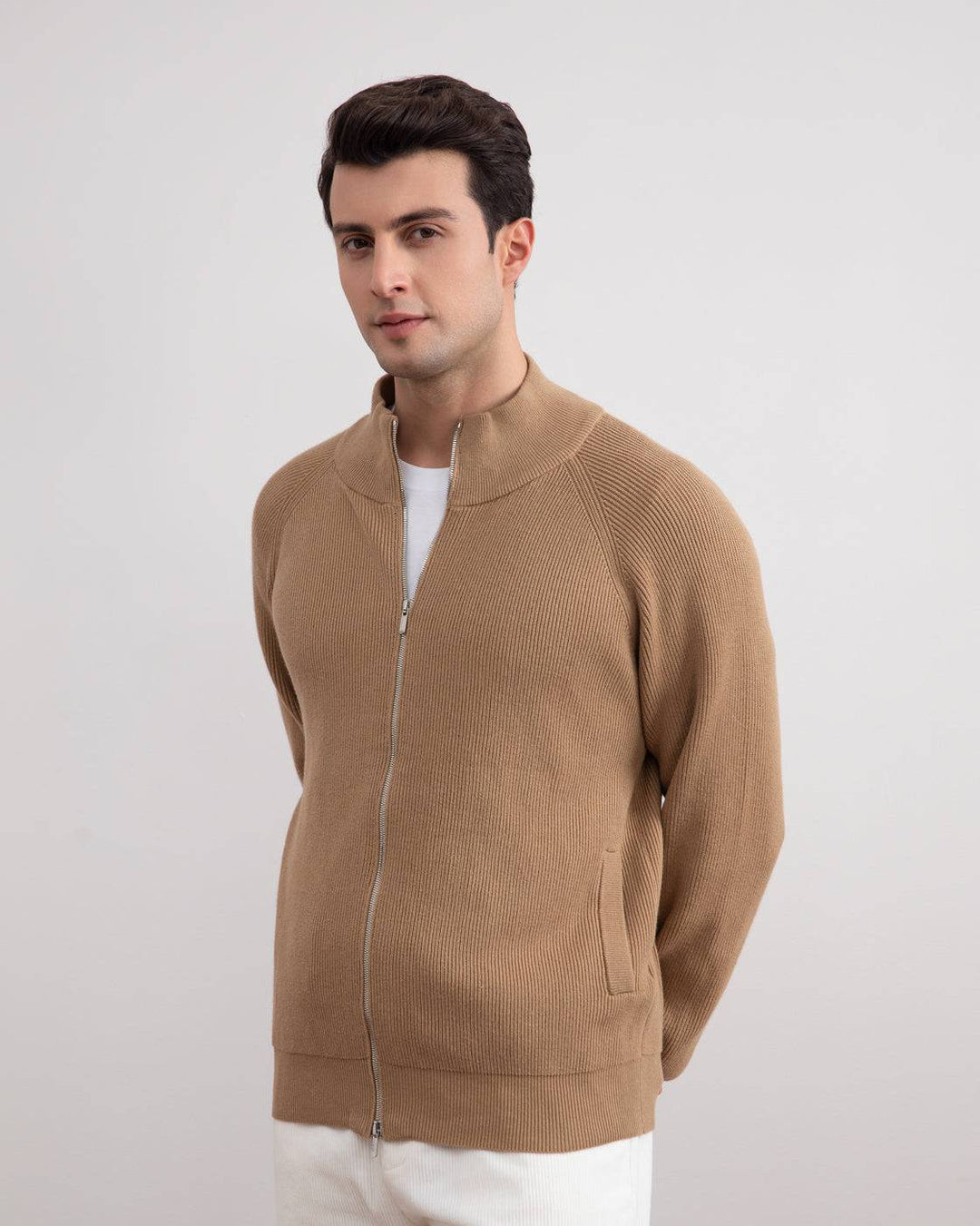 Tan Engleski Riblji Pulover s Punim Zipom