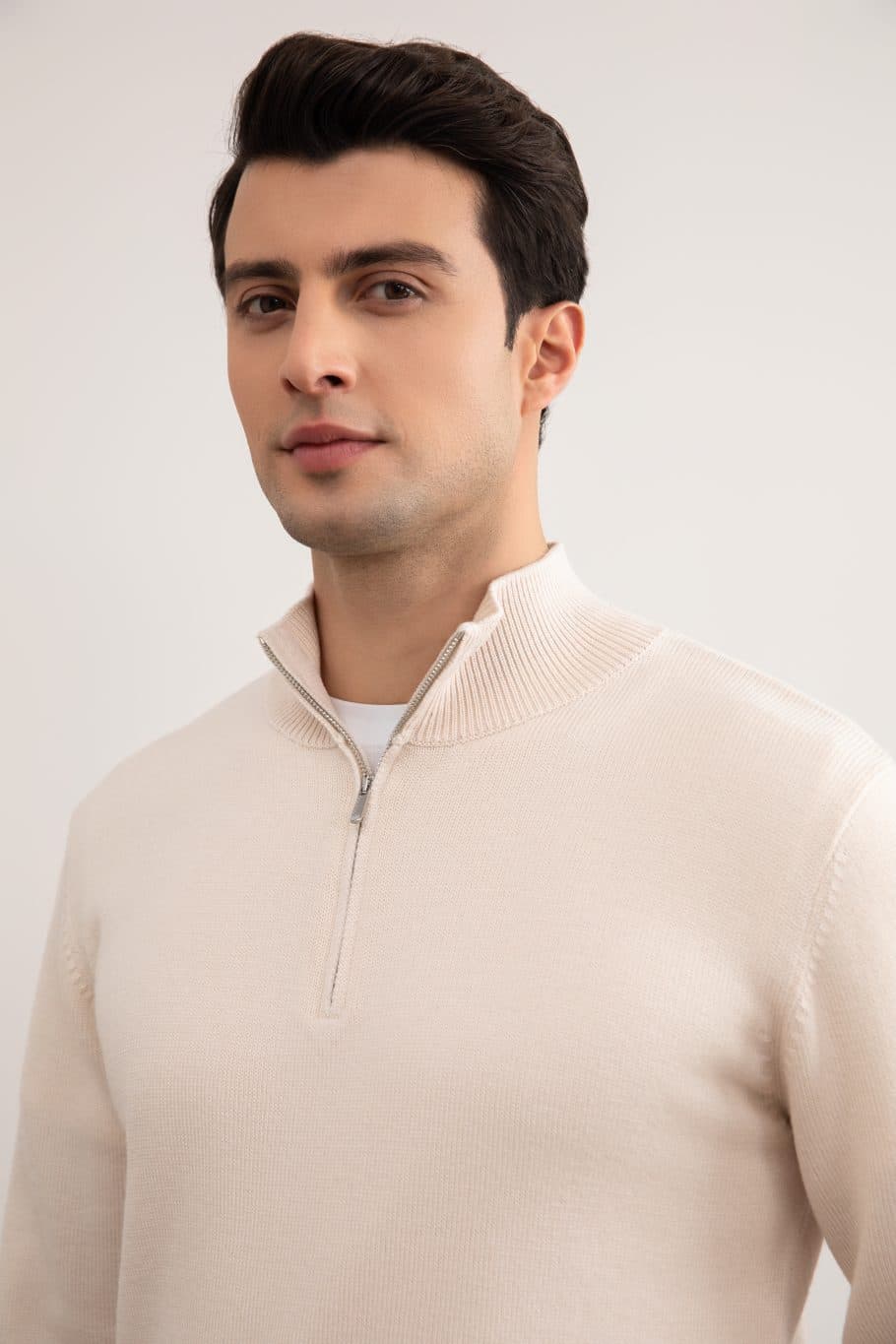 Bež Merino Vuna Polu-Zip Pulover