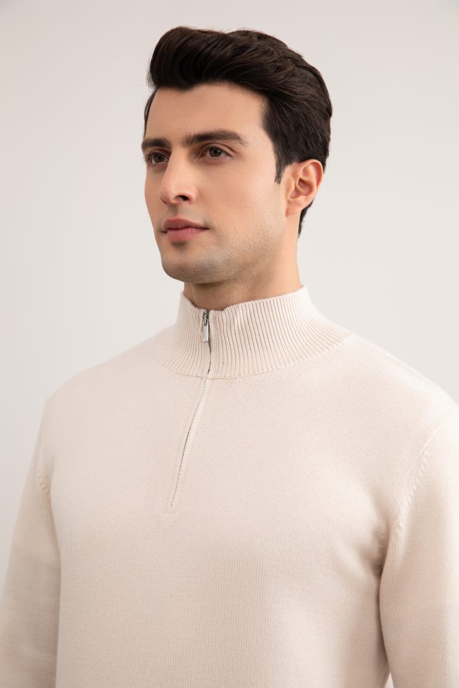 Bež Merino Vuna Polu-Zip Pulover