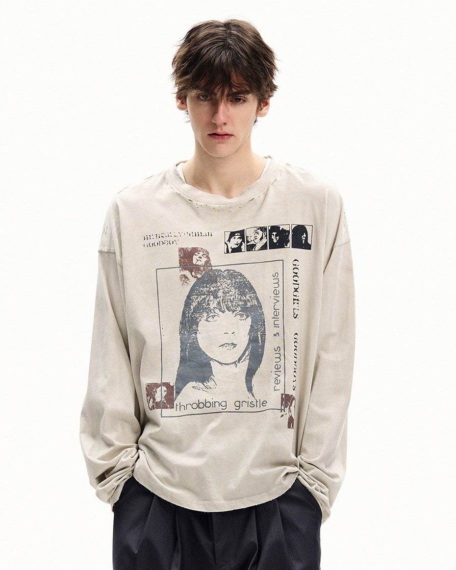 Vintage pranje grafičke majice s dugim rukavima 