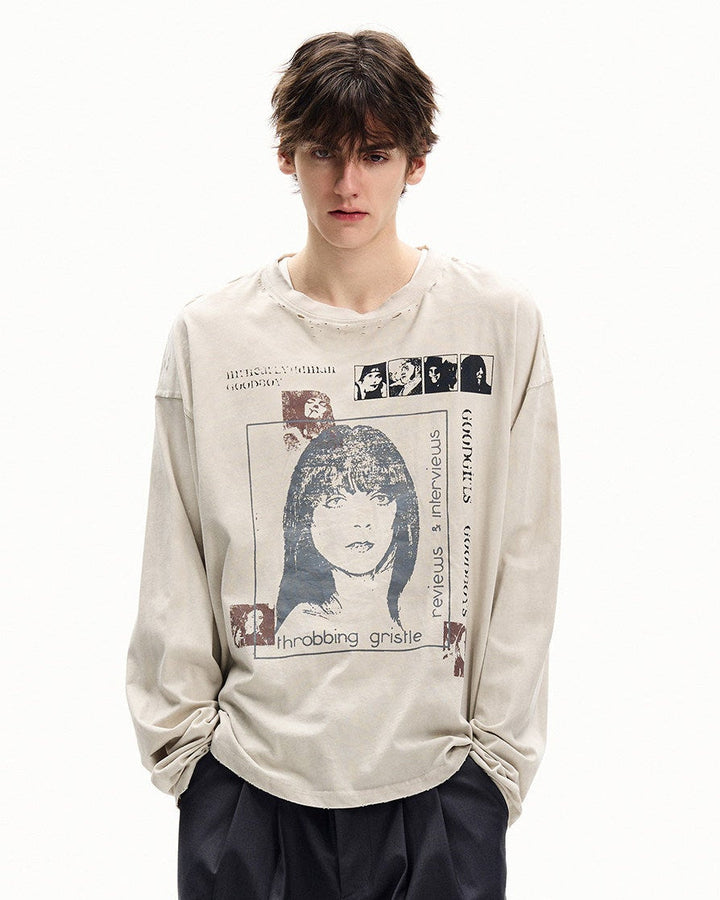 Vintage pranje grafičke majice s dugim rukavima 