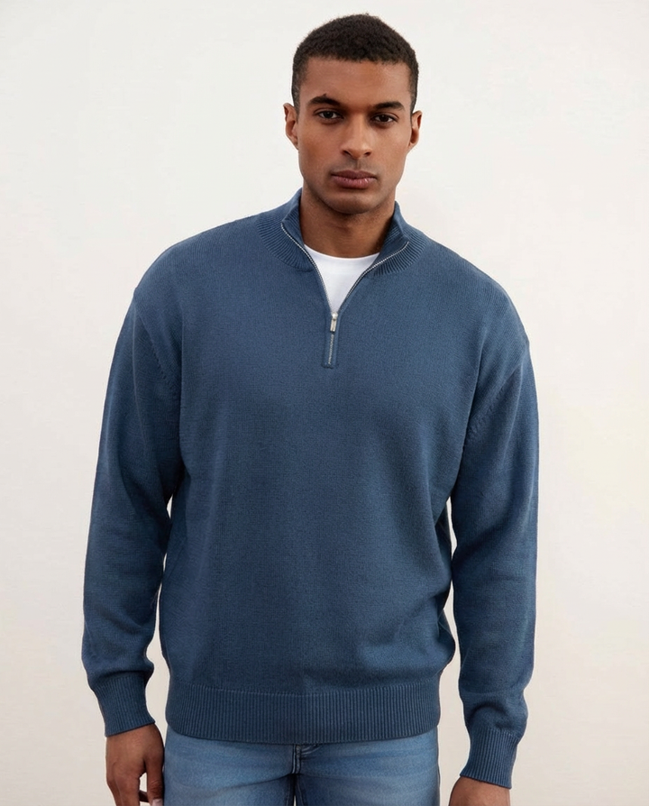 Plavi Merino Vuna Pulover s Polu-Zipom