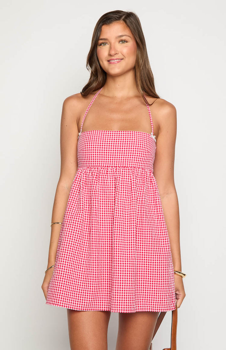 Carter Crvena Gingham Halter Mini Haljina