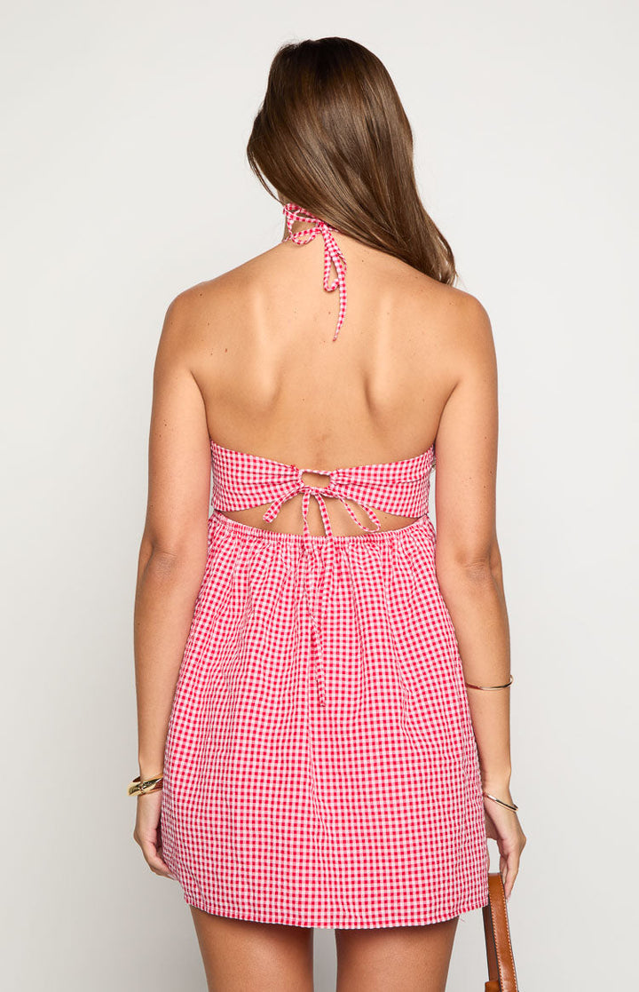 Carter Crvena Gingham Halter Mini Haljina