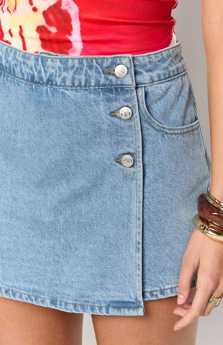Joy Light Wash Denim Wrap Mini Skort