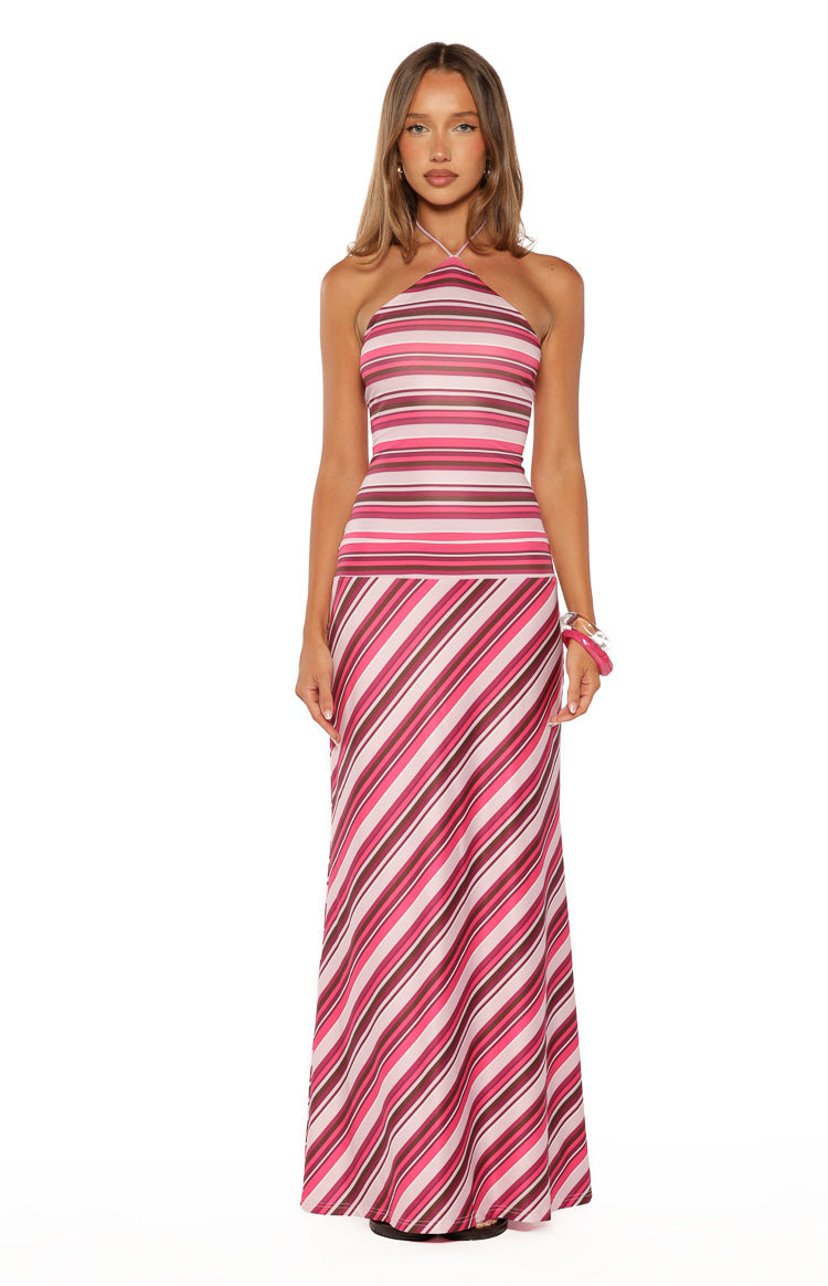 Nicoby Pink Multi Stripe halter Maxi Haljina