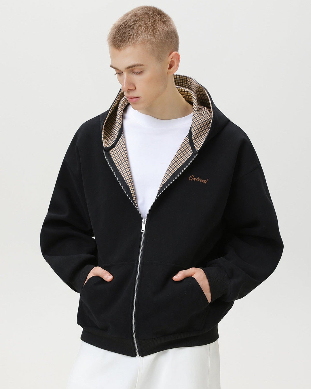 "Get Real" Siva Karirana Zip Hoodie Dukserica