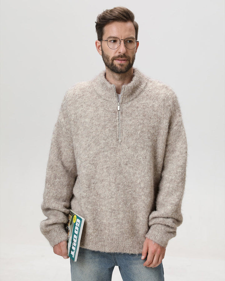 Pulover s polu-zipom i stojećim ovratnikom od teške pamučne pređe