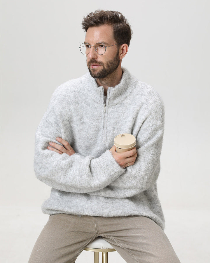 Pulover s polu-zipom i stojećim ovratnikom od teške pamučne pređe