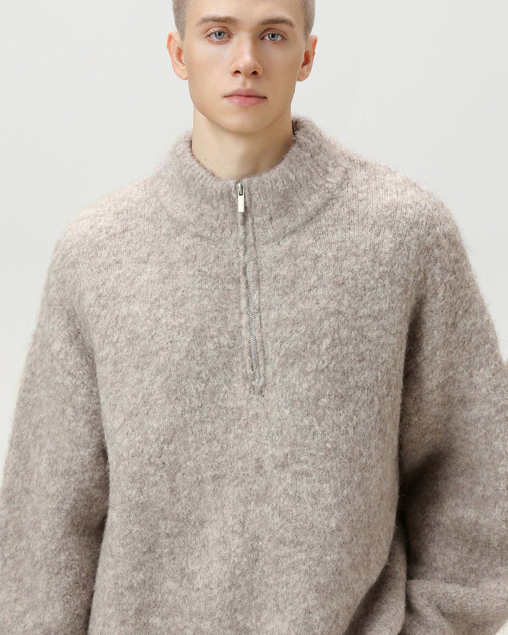 Udobni predimenzionirani pulover od četkane mješavine s Polu-Zipom